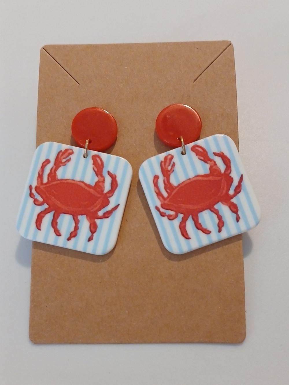Fashion Jewelry Red Crab Drop Earrings with Blue Stripe Accents